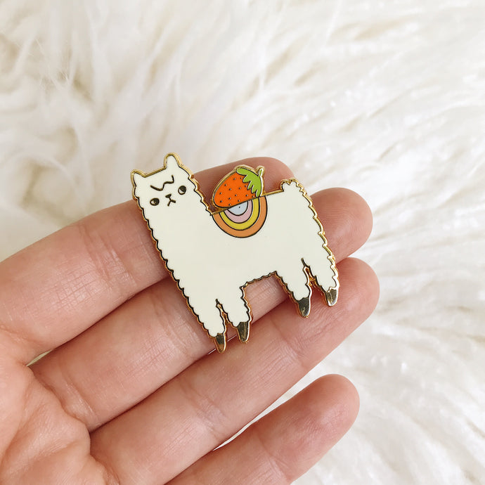 Strawberry Alpaca - Enamel Pin with Gold Lines - Ready to Ship - sleepy king